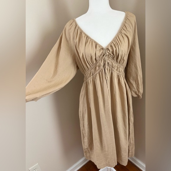 NWOT Universal Thread Tan Linen Blend Cottagecore Fit and Flare Midi Dress - Picture 2 of 10